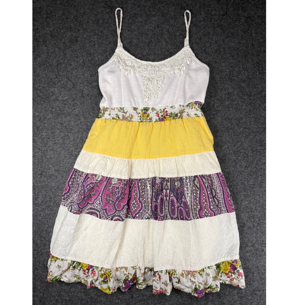LuLumari Patchwork Sundress Spaghetti Strap Dress Multicolor Boho Picnic Cottage